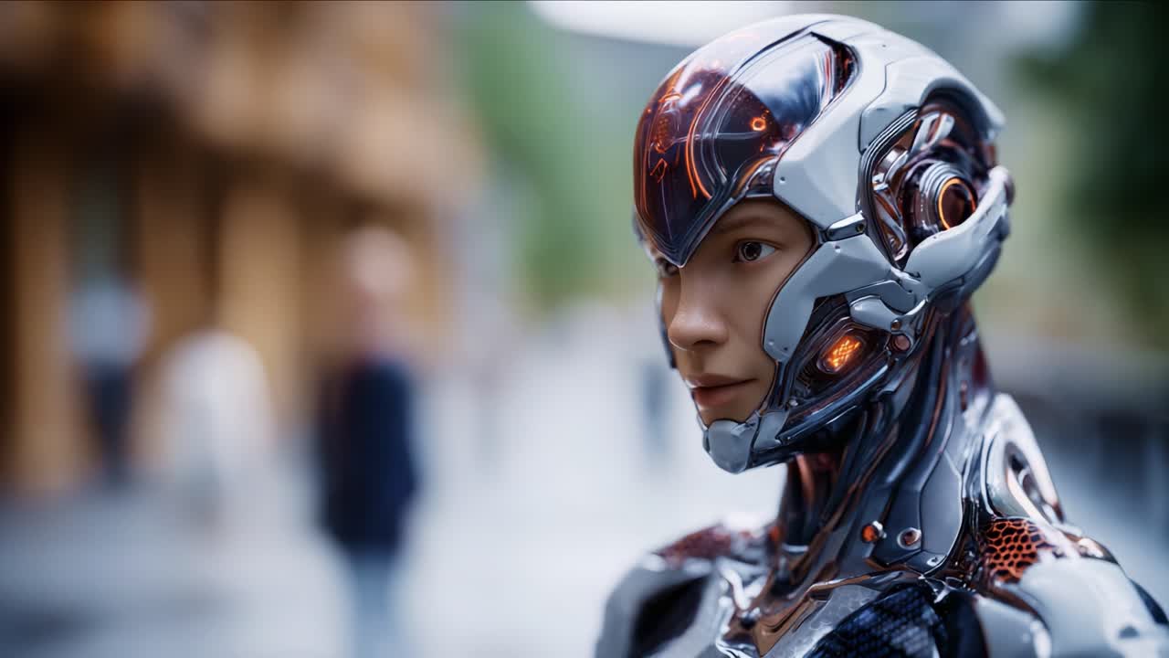 Robot umanoide futuristico che mostra tecnologia e design all'avanguardia, caratterizzato da linee eleganti e dettagli intricati, ambientato su uno sfondo urbano sfocato