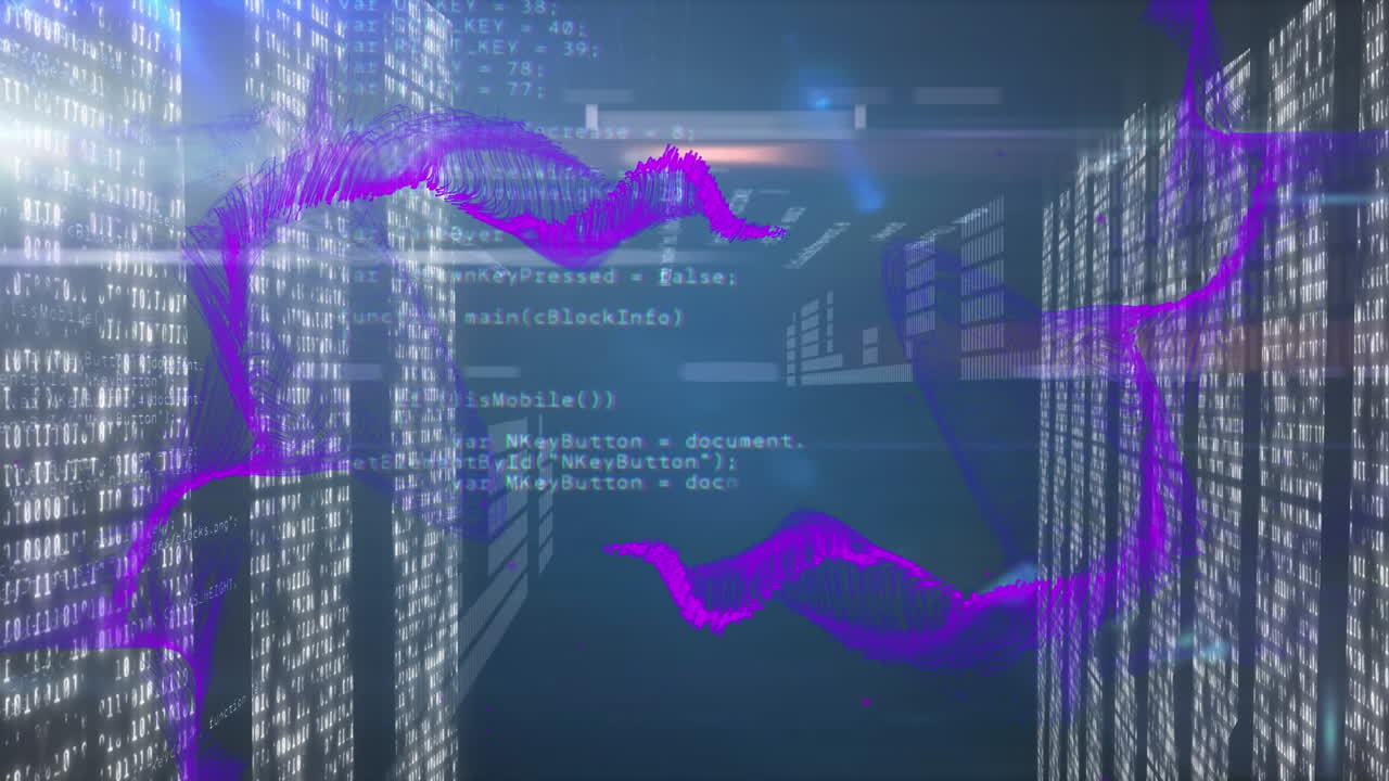 Animation of data processing and shapes on blue background