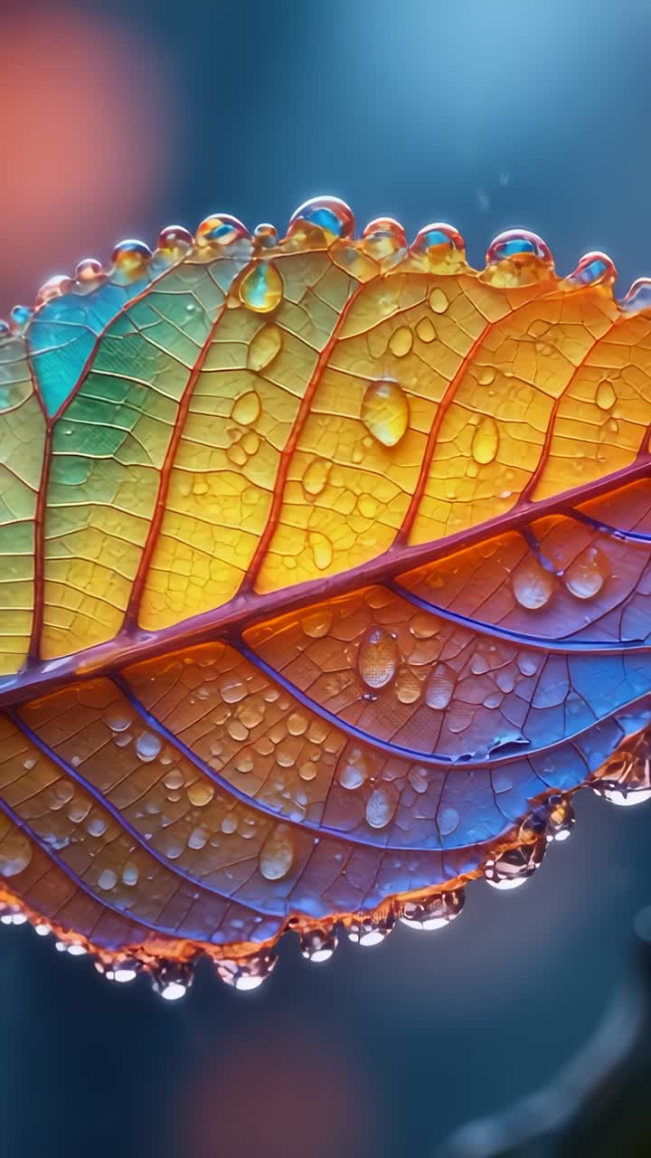 Vertical video: Shimmering dew-laden leaf catching morning light in garden, with droplets sparkling
