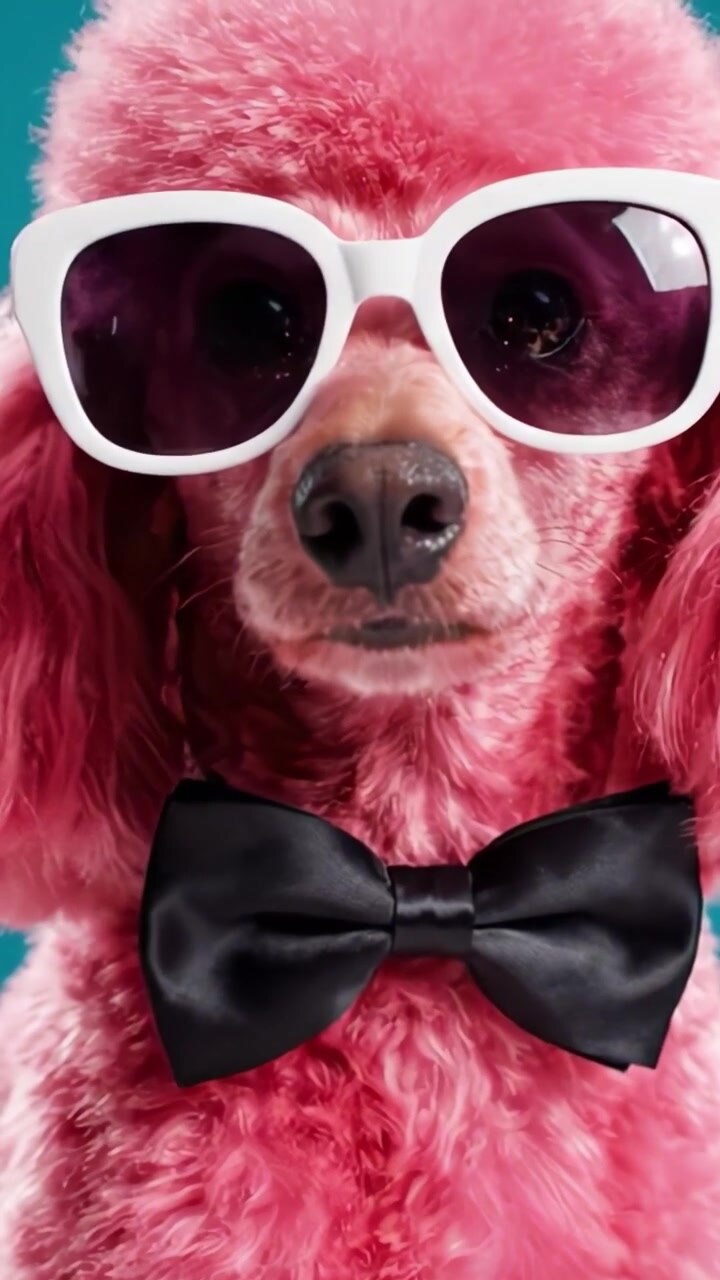 Un barboncino rosa elegante mostra moda e divertimento con occhiali da sole oversize e un papillon classico, catturando perfettamente il fascino e la personalità canina
