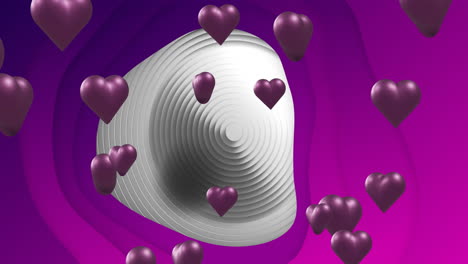 animación de globos en forma de corazón púrpura que salen de un patrón circular contra un fondo púrpura