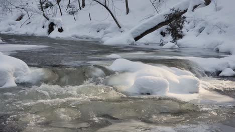 Río-Que-Fluye-Frío-Con-Nieve-Helada,-La-Luz-Del-Sol-Brilla-En-Hogs-Falls-Ontario-Canadá