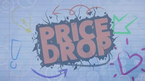 animation of social media icons over price drop text and school drawings