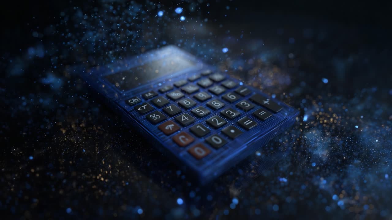 Mystical scene showing a blue electronic calculator resting on a dark surface while shimmering dust particles and glowing bokeh effects float around, creating a magical financial atmosphere