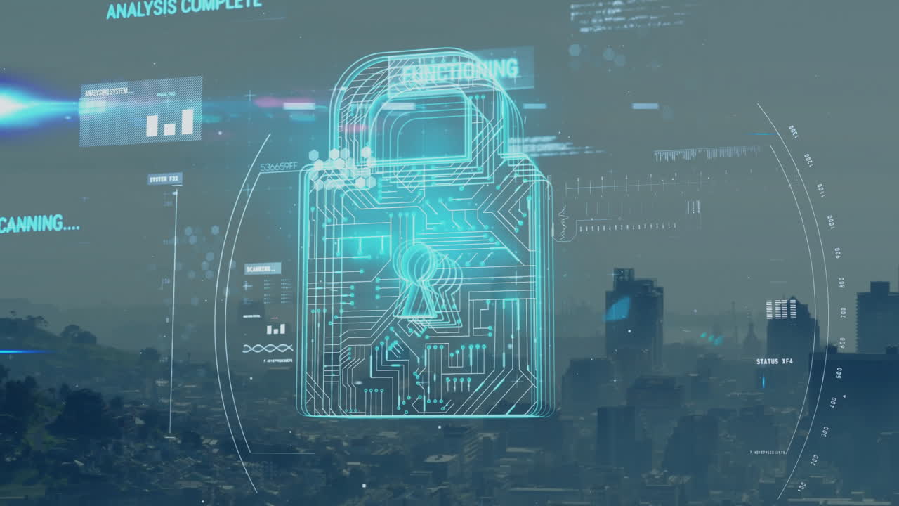 Digital lock animation over cityscape, highlighting data security and encryption
