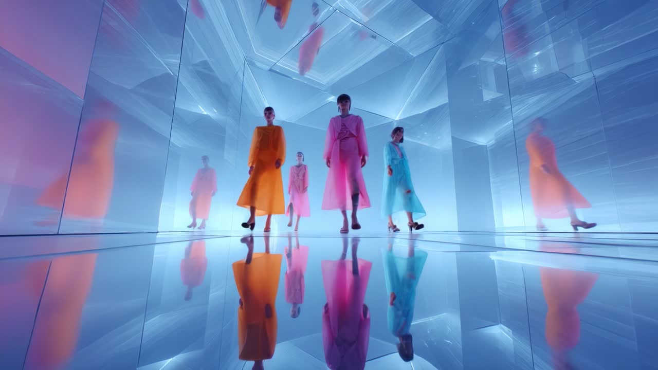 A Captivating Fashion Showcase: Models Strut Elegantly in Vibrant Attire Amidst a Hypnotic Reflective Environment, Creating an Enchanting Visual Experience That Blends Style and Artistry