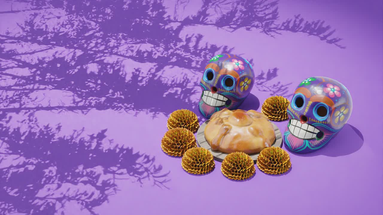Mexican altar with calavera skulls and marigold flowers on purple background