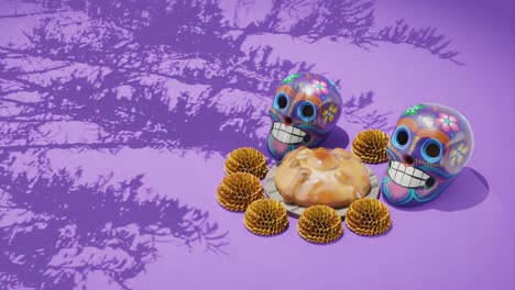 Mexikanischer-Altar-Mit-Calavera-Schädeln-Und-Ringelblumenblüten-Auf-Violettem-Hintergrund