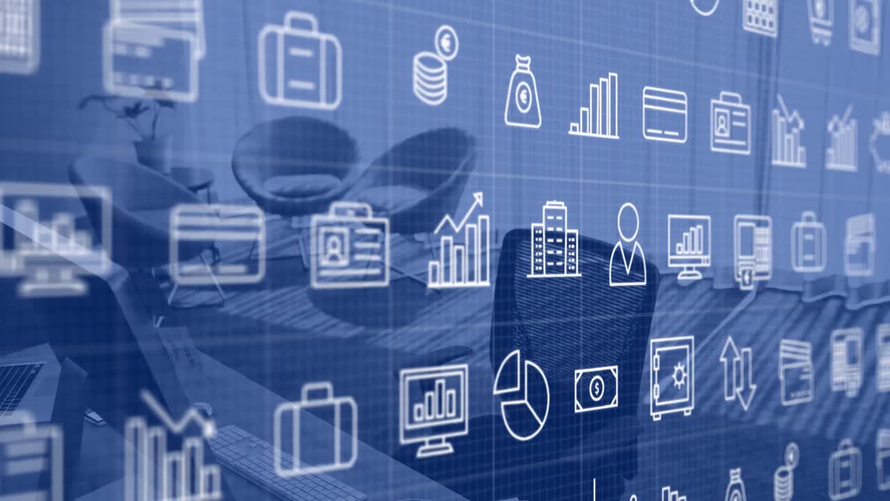 animación del procesamiento de datos financieros en computadora en el escritorio de la oficina