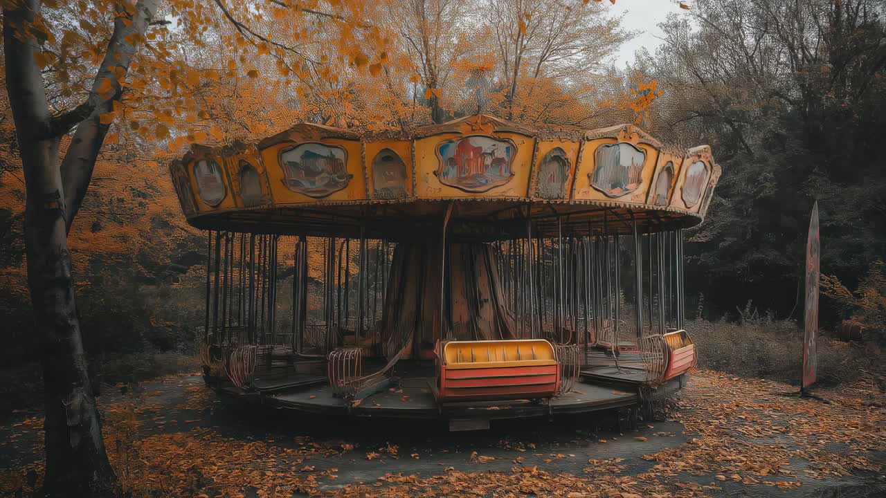 Autumn leaves covering the ground around an empty, decaying carousel in a deserted amusement park, evoking a sense of nostalgia and abandonment