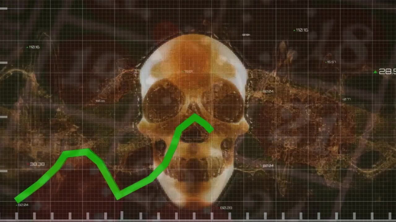 Digitalt finansdiagram som ligger over en roterende menneskehodeskalle