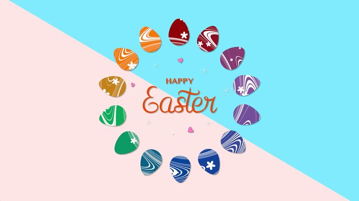 Animated closeup Happy Easter text and eggs on blue and rose