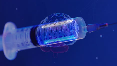 animation of human brain over syringe on blue background