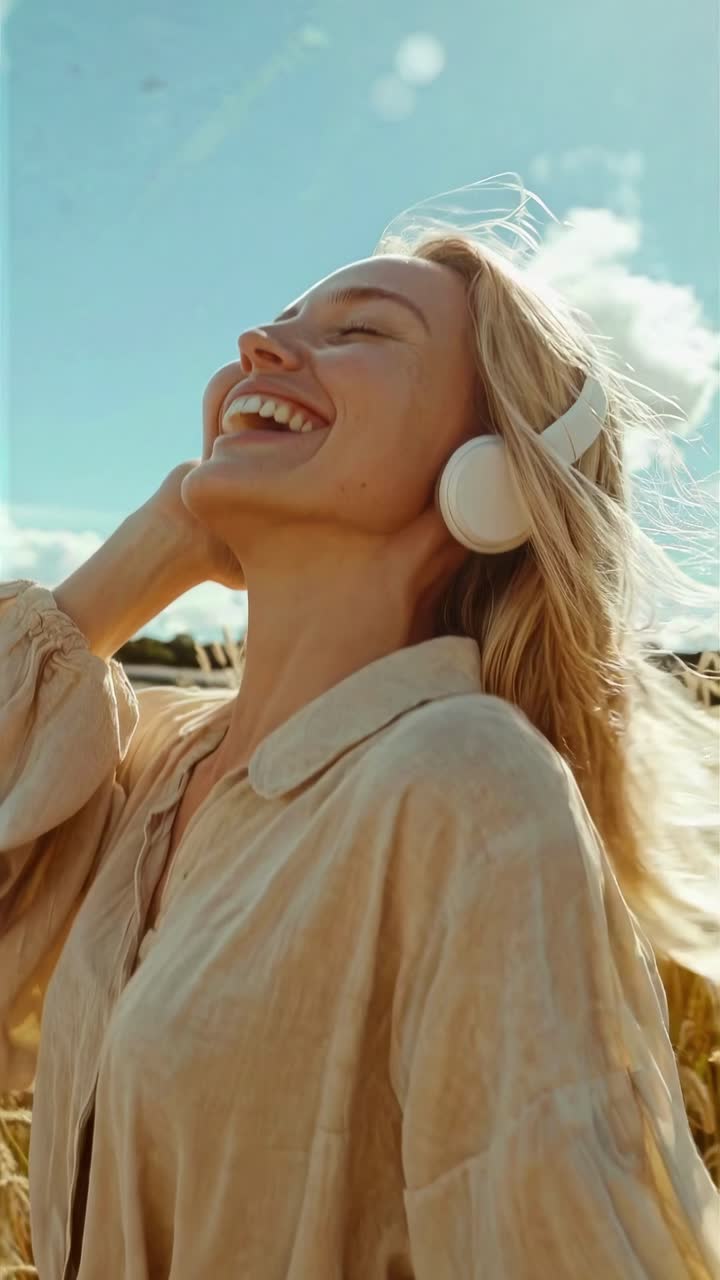 Güneşli bir tarlada kulaklıkla müzik dinleyen neşeli bir kadın.