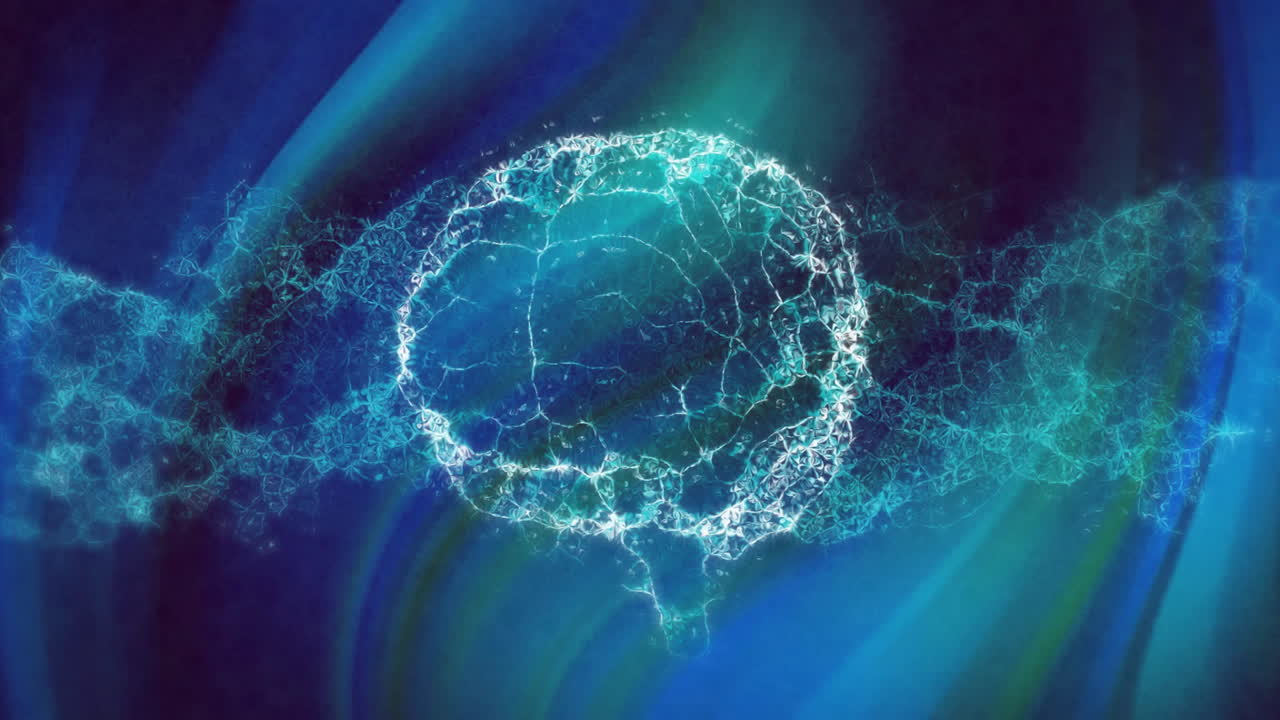 Glowing neural network animation over abstract blue and green background