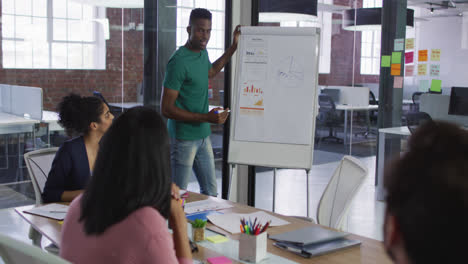 African-american-businessman-standing-near-white-board-having-presentation-in-front-of-colleuagues