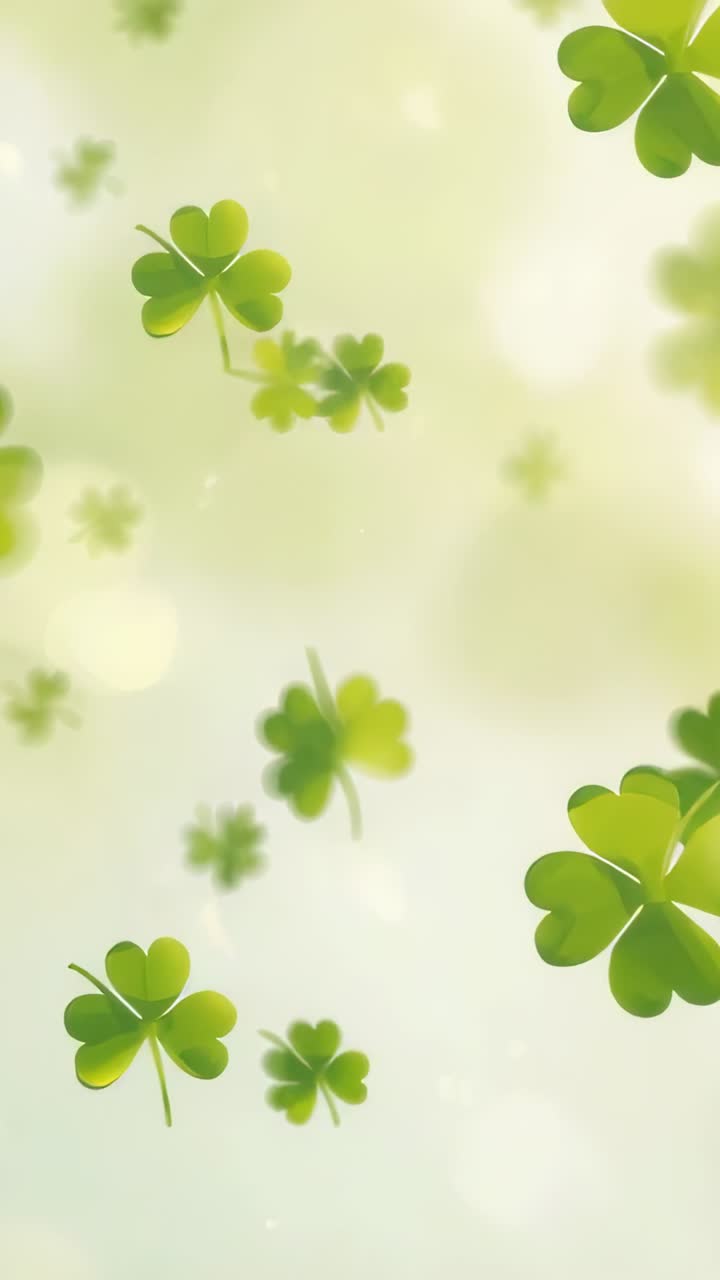 Vertical video: Opening frame sending center green fourleaf group drifting on soft bokeh, calming