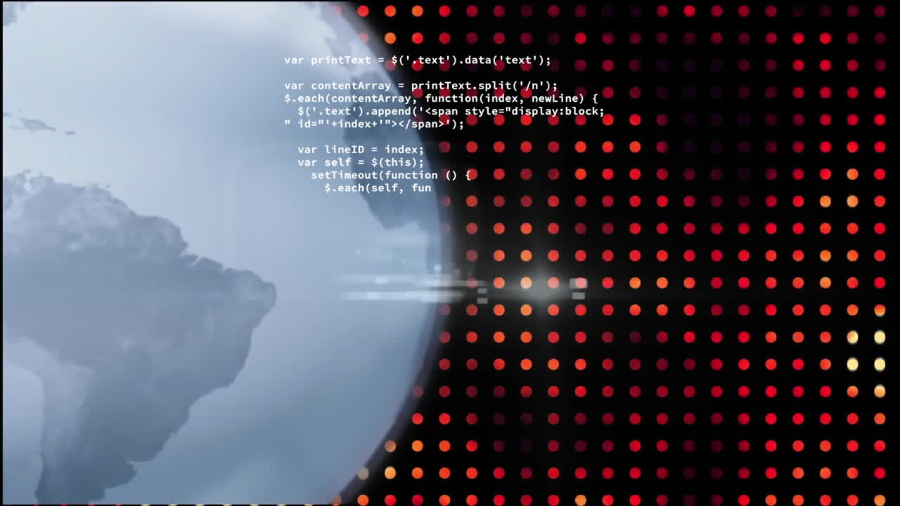 animación de lenguaje informático y globo giratorio con puntos sobre fondo negro