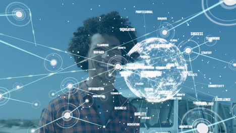 animation of network of connections with globe over happy african american man