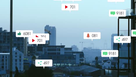 소셜 미디어 아이콘의 애니메이션과 도시 풍경의 공중 전망