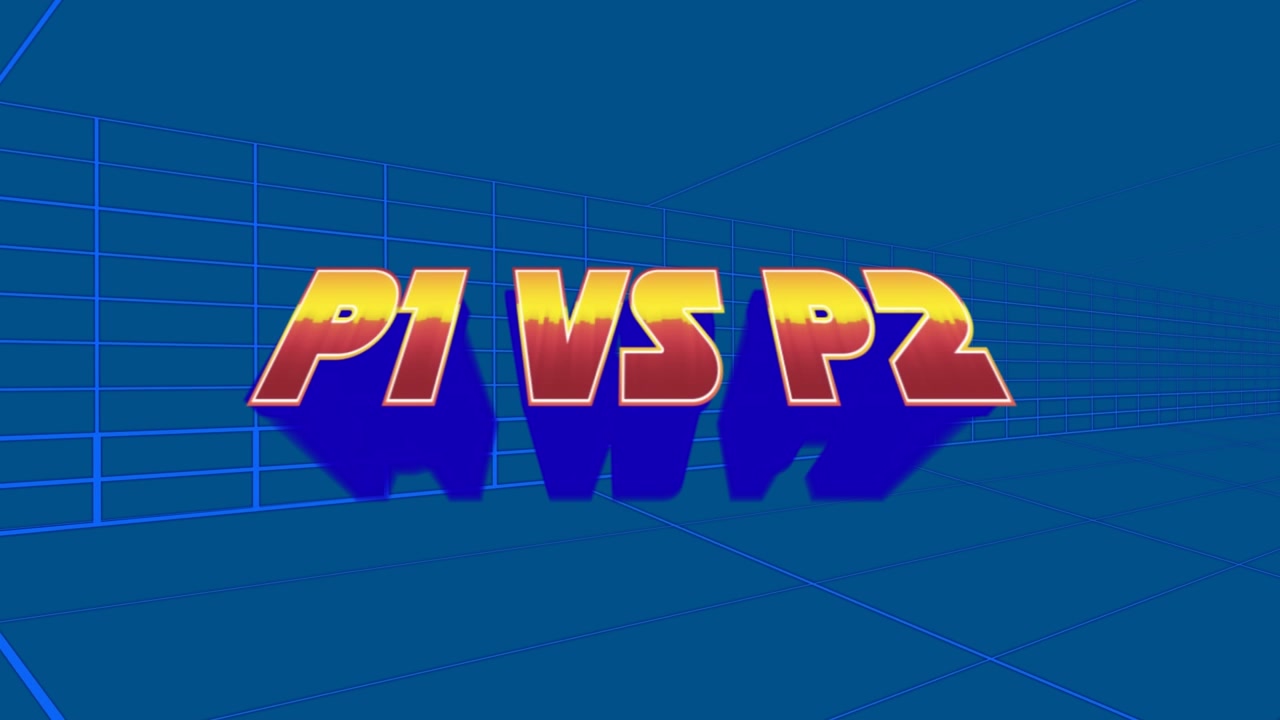 Animeret P1 VS P2 tekst på en blå gitter videospilsbaggrund.