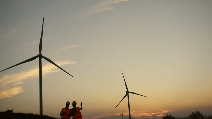 Two male and female engineers talking and working at the huge windmills turbines at the sunset