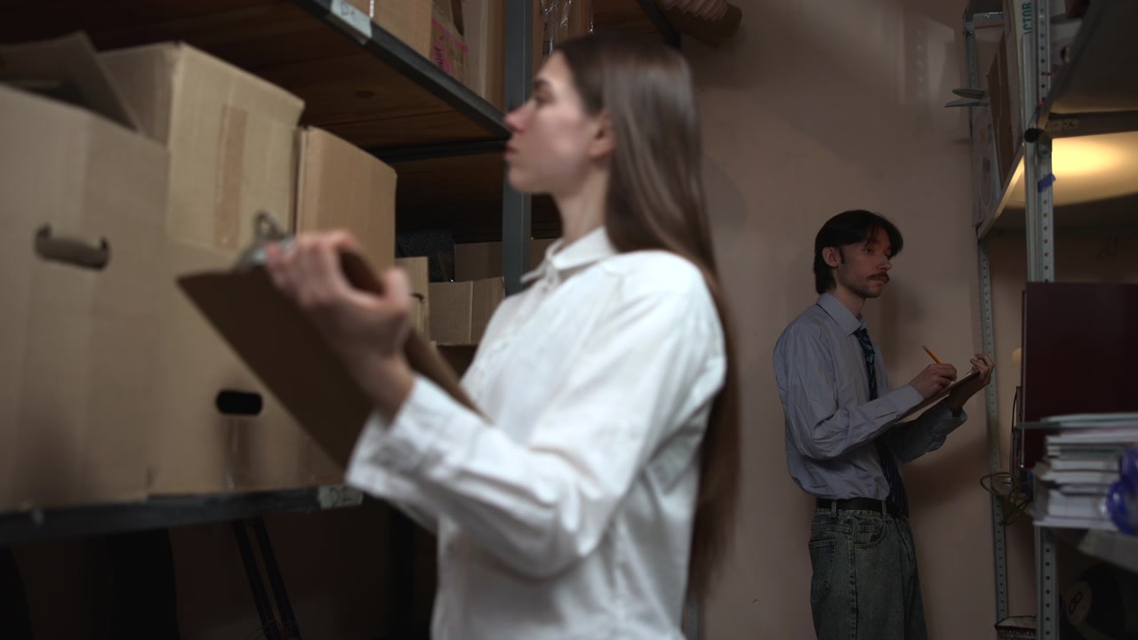 Una donna in camicia bianca maneggia una scatola di cartone in un magazzino mentre un uomo scrive su un blocco appunti vicino a scaffalature e scatole d'archivio impilate. Luce interna soffusa.