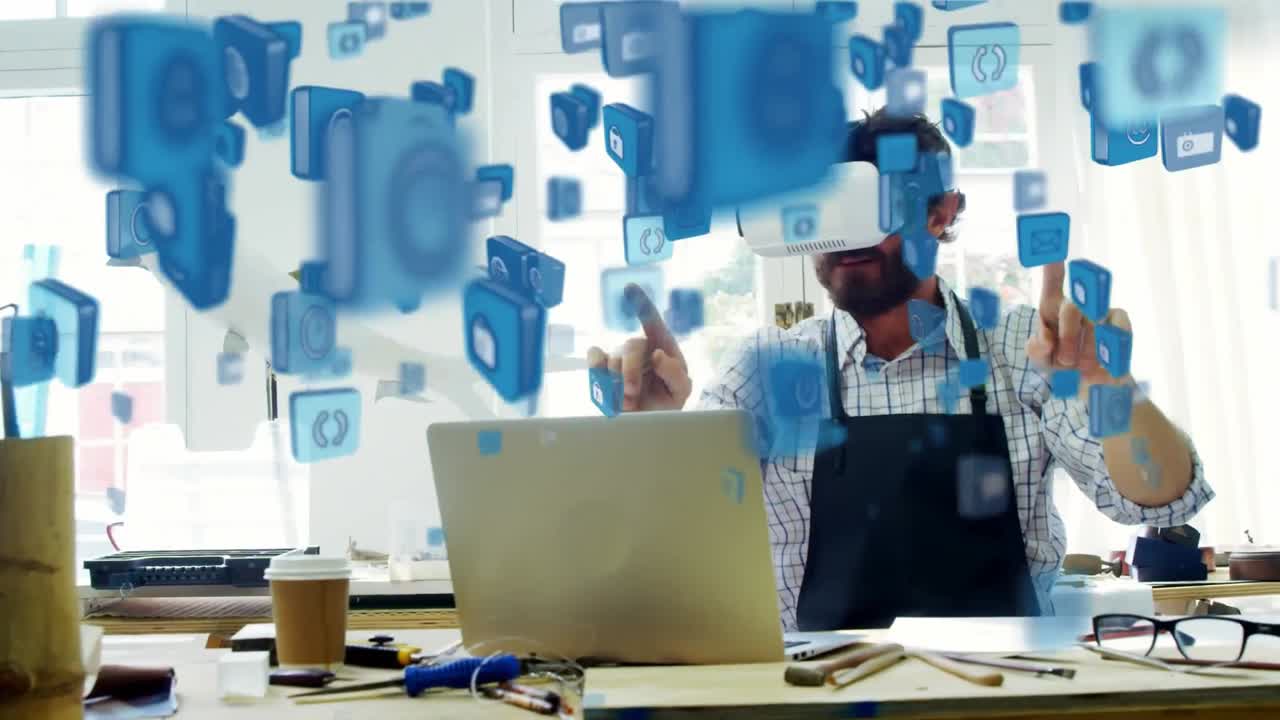 vr 헤드 ⁇  을 사용하는 사람 위 를 날아다니는 파란색 아이콘 의 애니메이션