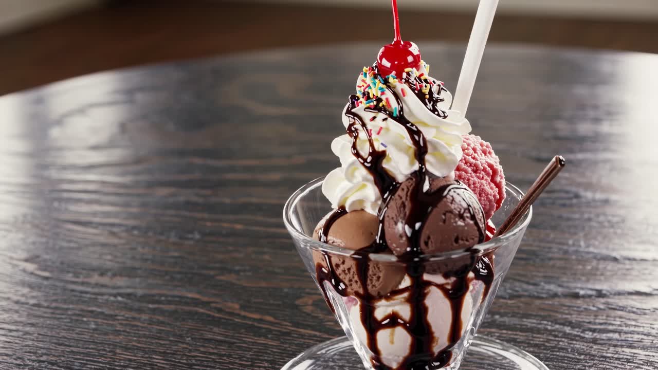 Primo piano di una coppa gelato incredibilmente invitante con cioccolato fuso e ciliegina, scatto