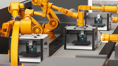 industrial robots for factory automation. a process of constructing 3d printers on an assembly line. orange robotic arms programmed to pick and place parts of printers. seamless loop.