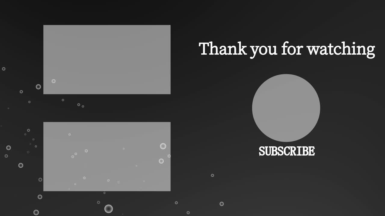 Motion graphics per schermata finale con particelle a bolle sfumate.