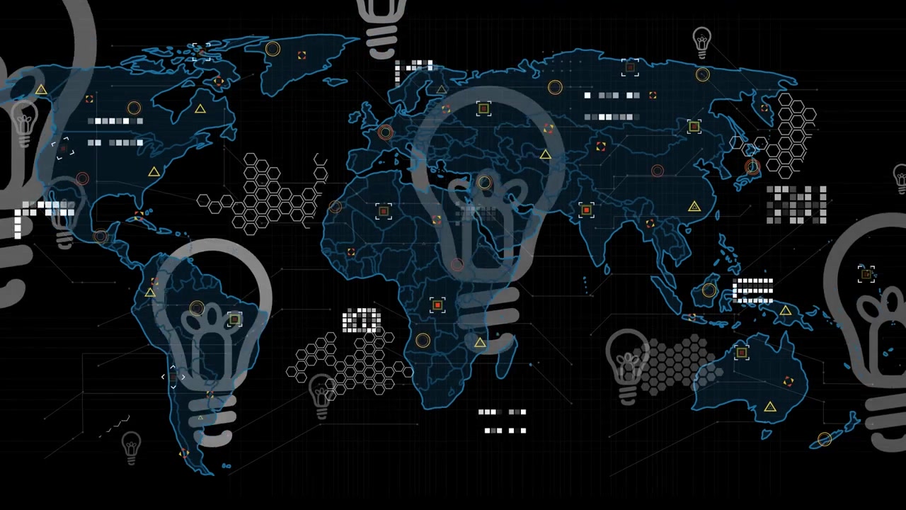 Animation of data processing with world map over black background