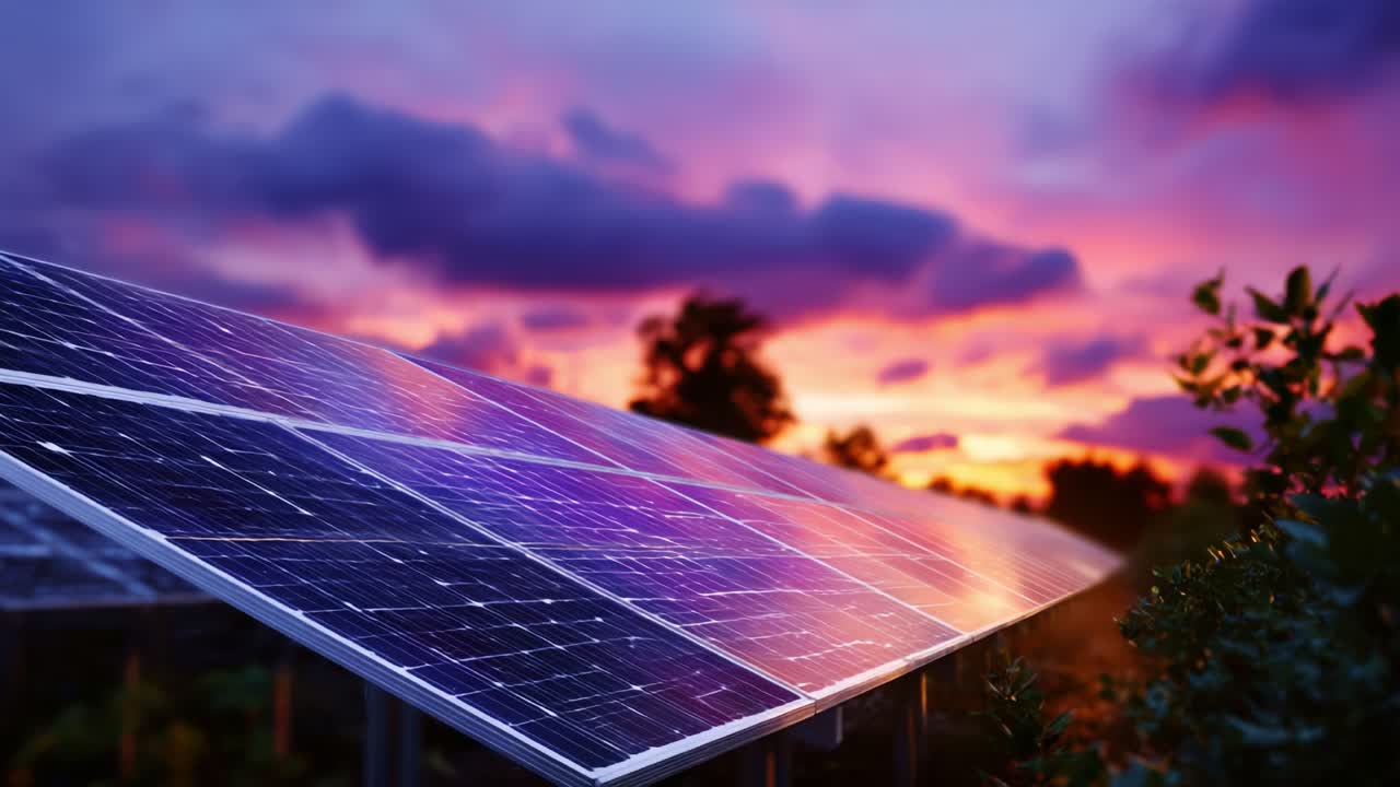 Uno splendido tramonto illumina i pannelli solari, evidenziando l'energia sostenibile in un paesaggio pittoresco con un cielo vivace pieno di nuvole