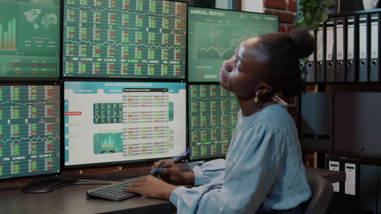 Female trader brainstorming ideas to develop forex stock market