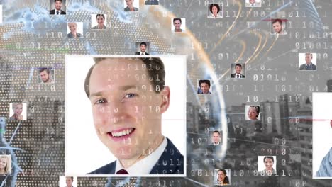 animation of diverse people icons and data processing over cityscape