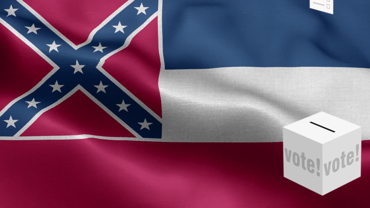 미시시피 주 - 투표용지가 미시시비 선택을 위해 상자에 날아갑니다 - 발 앞의 투표용지 - 선거 - 국가 발 미시시 피 주 파동 패턴 루프 가능한 요소 - 직물 질감과 끝없는 루프 - 미시시미 주 루프 가능한 발