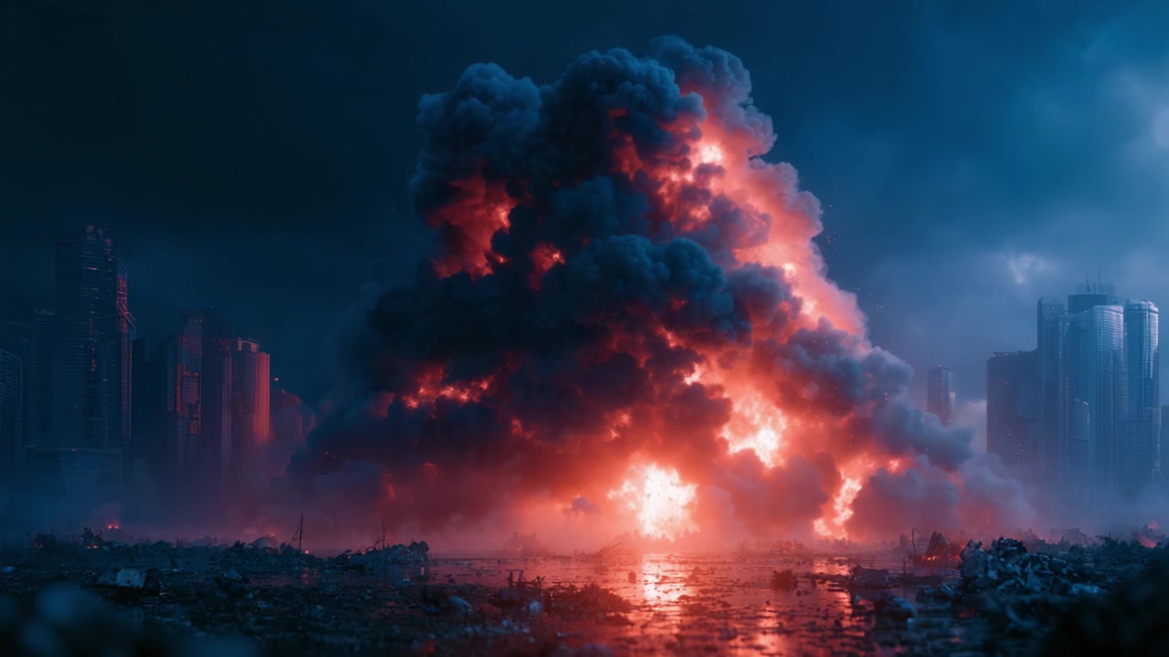 A Majestic Yet Terrifying Explosion Illuminates the Night Sky Above a Dystopian Cityscape, Casting Glows on the Debris and Water Below, Signifying Chaos and Destruction.