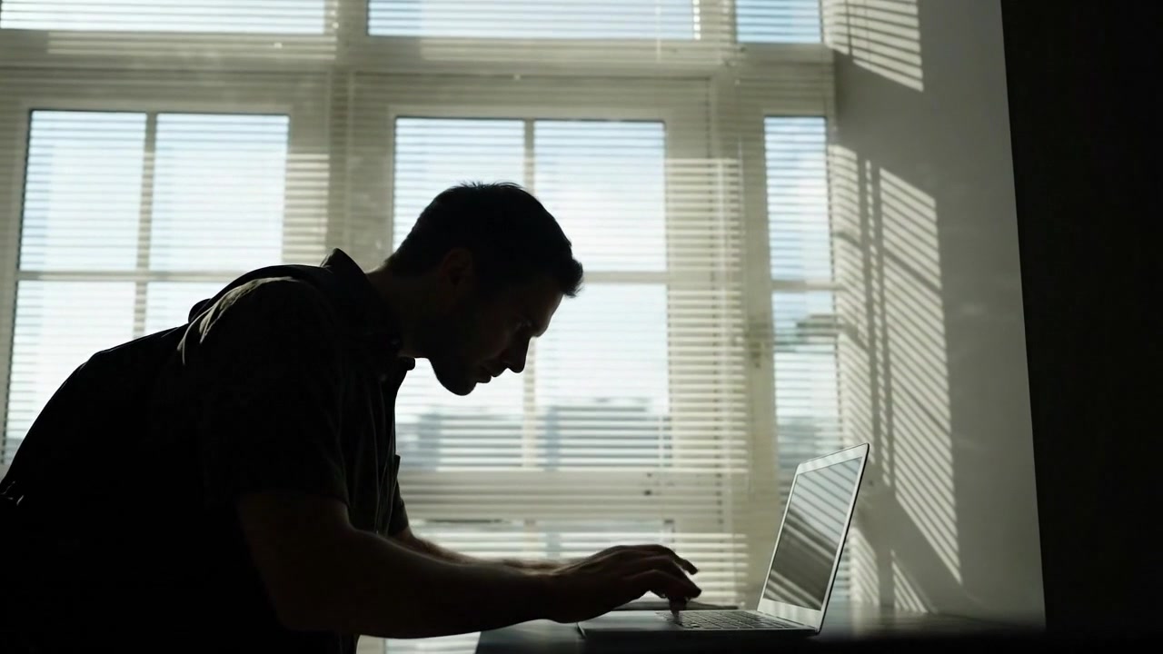 Silhouette di un uomo che lavora al laptop vicino a una finestra