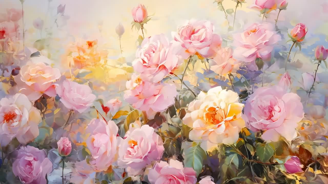 A dreamy, impressionistic video scene of blooming pink roses captured from a low angle
