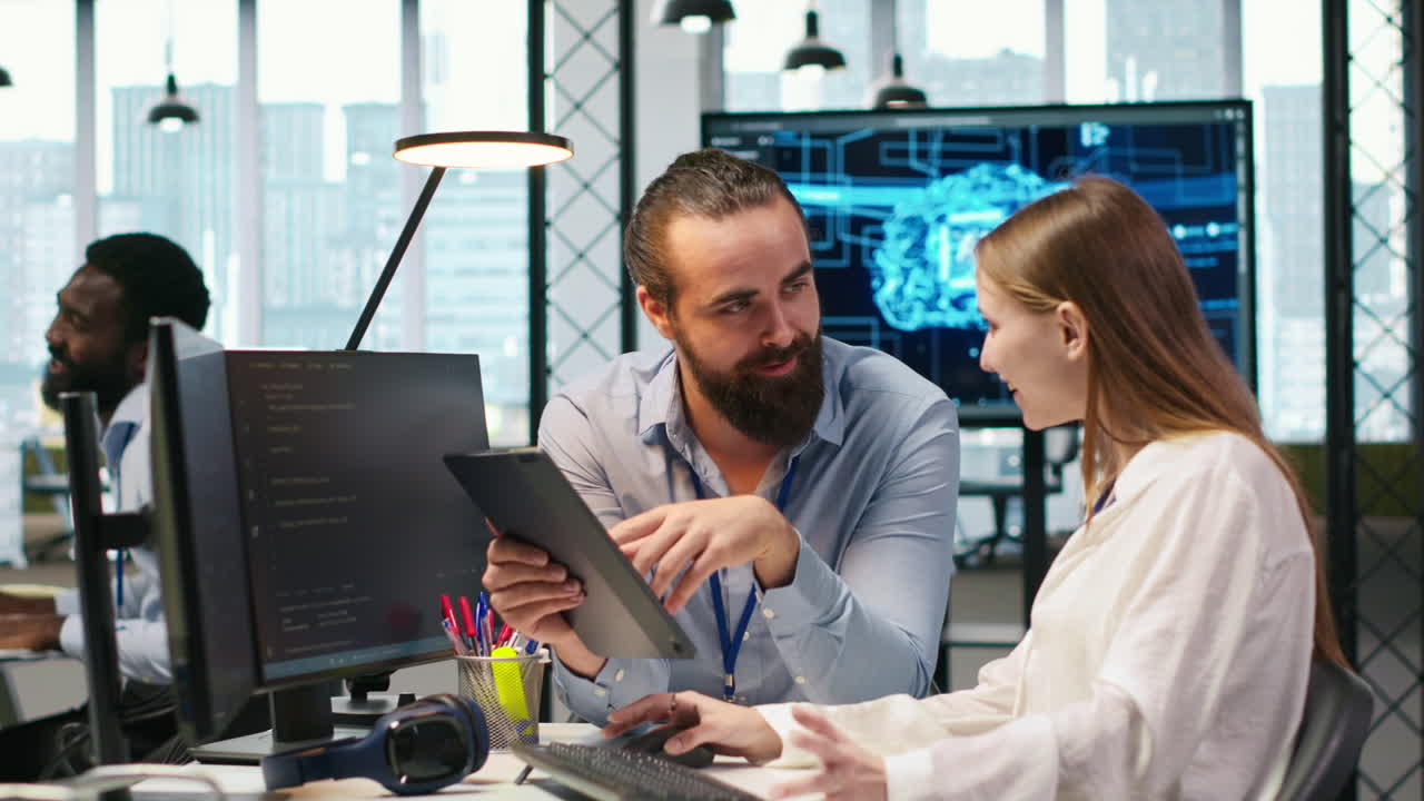 Mentor Teaching Young Employee To Troubleshoot Software Errors Using Ai