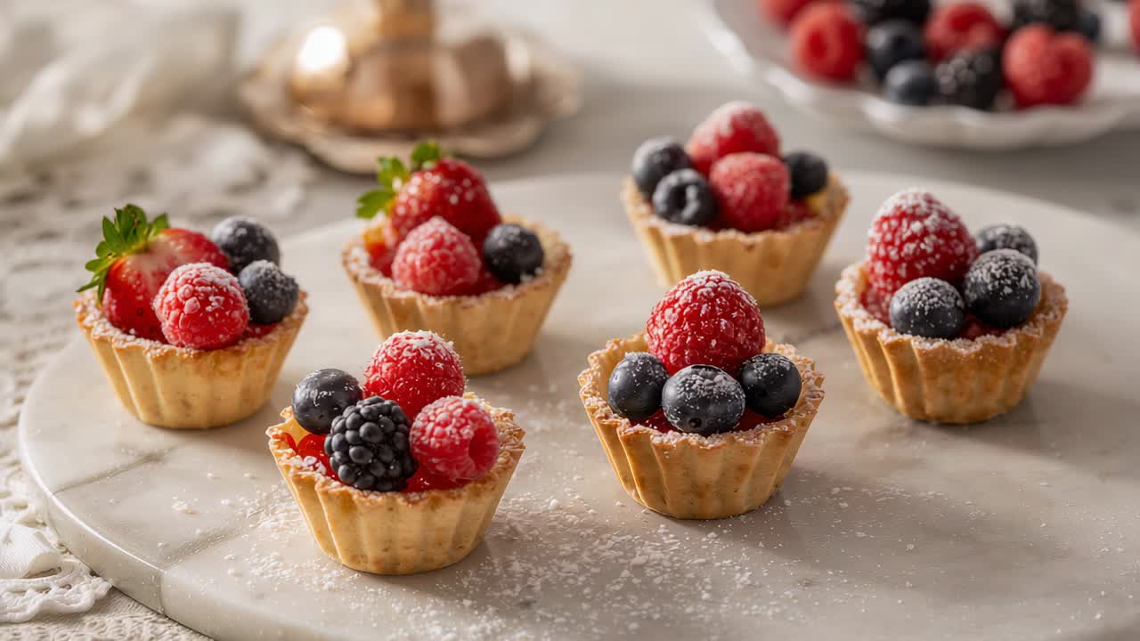 Avvicina la fotocamera a un gruppo di sette mini tartellette alla frutta su una tavola di marmo, evidenziando le bacche