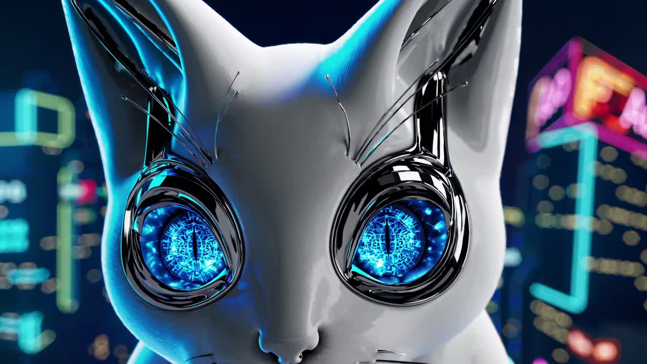 Robot Cat in a Cyberpunk City
