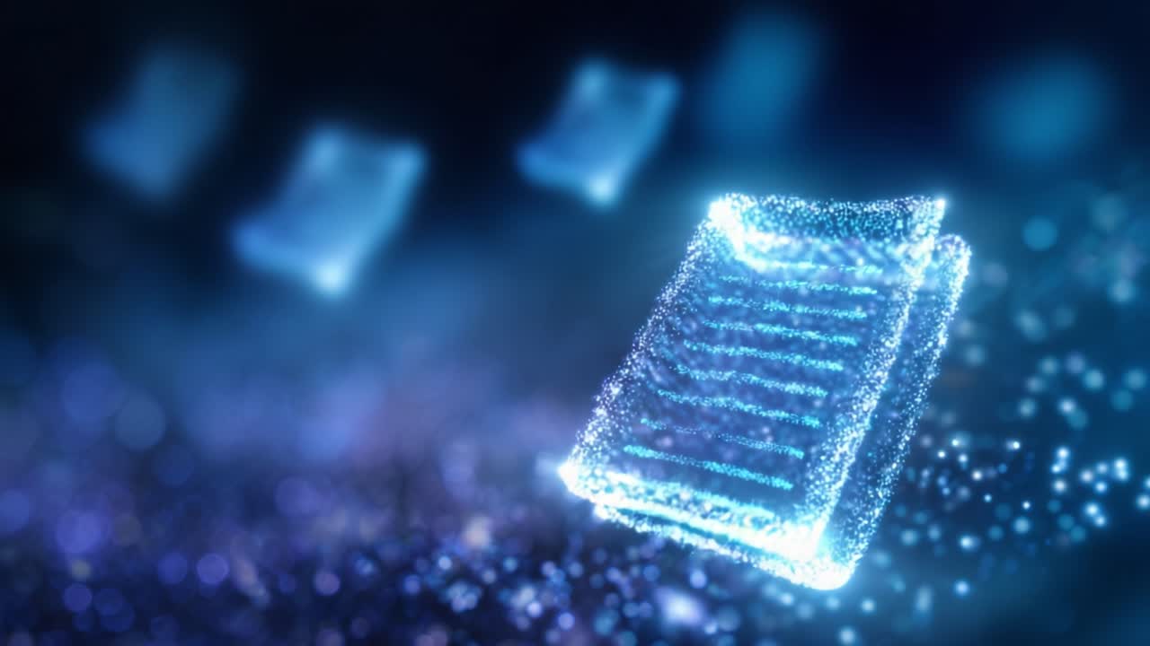 Illuminated digital pages floating in a mesmerizing cosmic background representing an ethereal collection of knowledge and information in a futuristic style