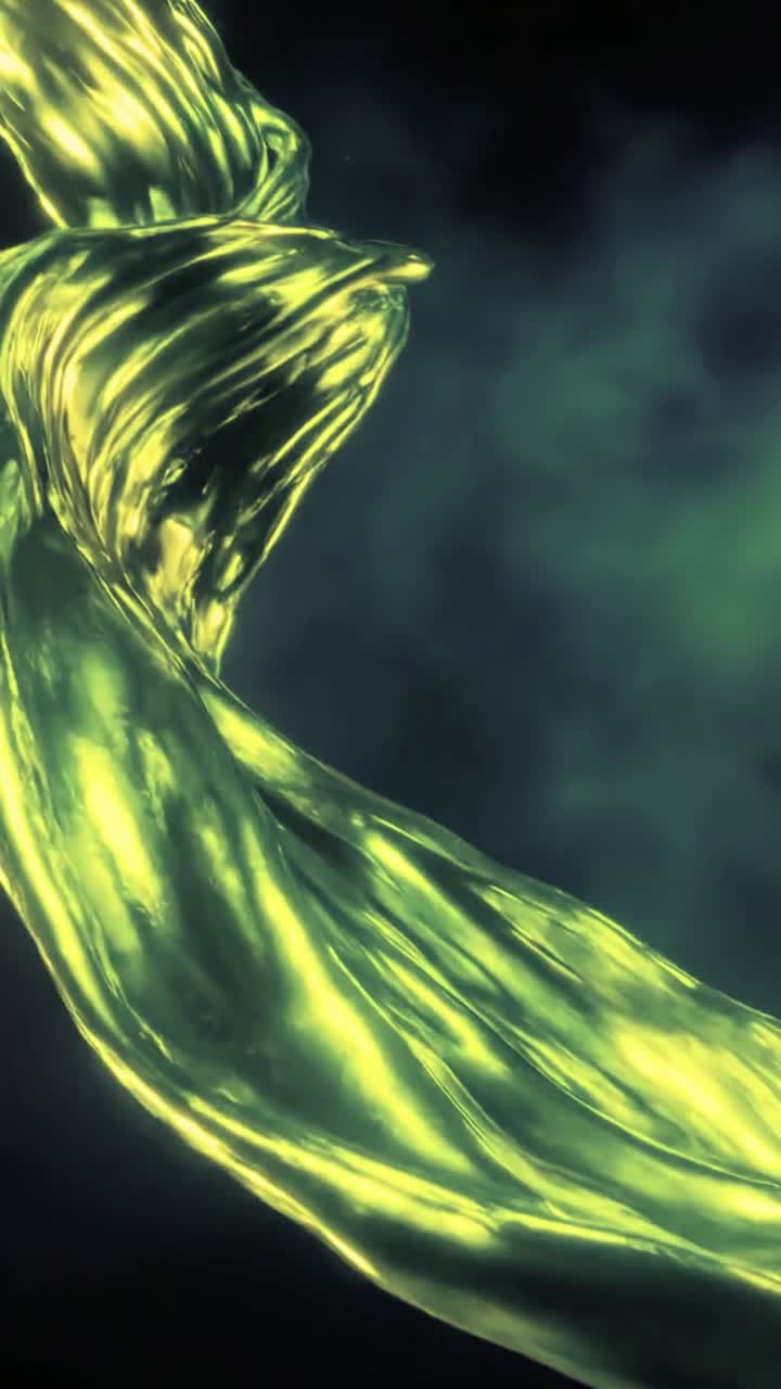 Fluido astratto vibrante verde e giallo che scorre su sfondo scuro