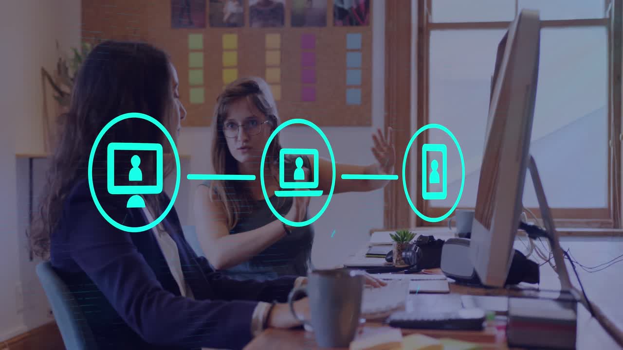 animación de conexiones con iconos sobre diversas personas de negocios en la oficina