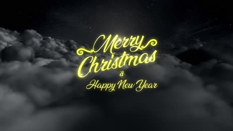magical festive motion graphic night scene floating above the clouds as a glittering and magical trail of sparkling particles reveal the message �merry christmas - happy new year??