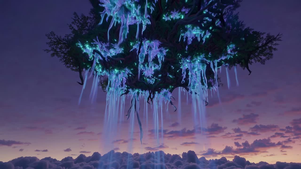 A surreal, low-angle video scene of a mystical floating island with glowing foliage and cascading