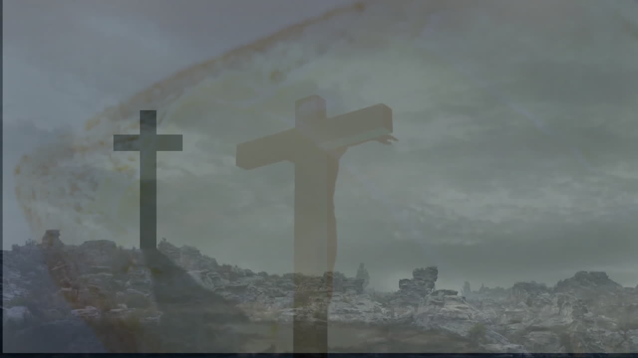 Two wooden crosses standing on rocky hilltop under overcast sky, using flat design silhouettes