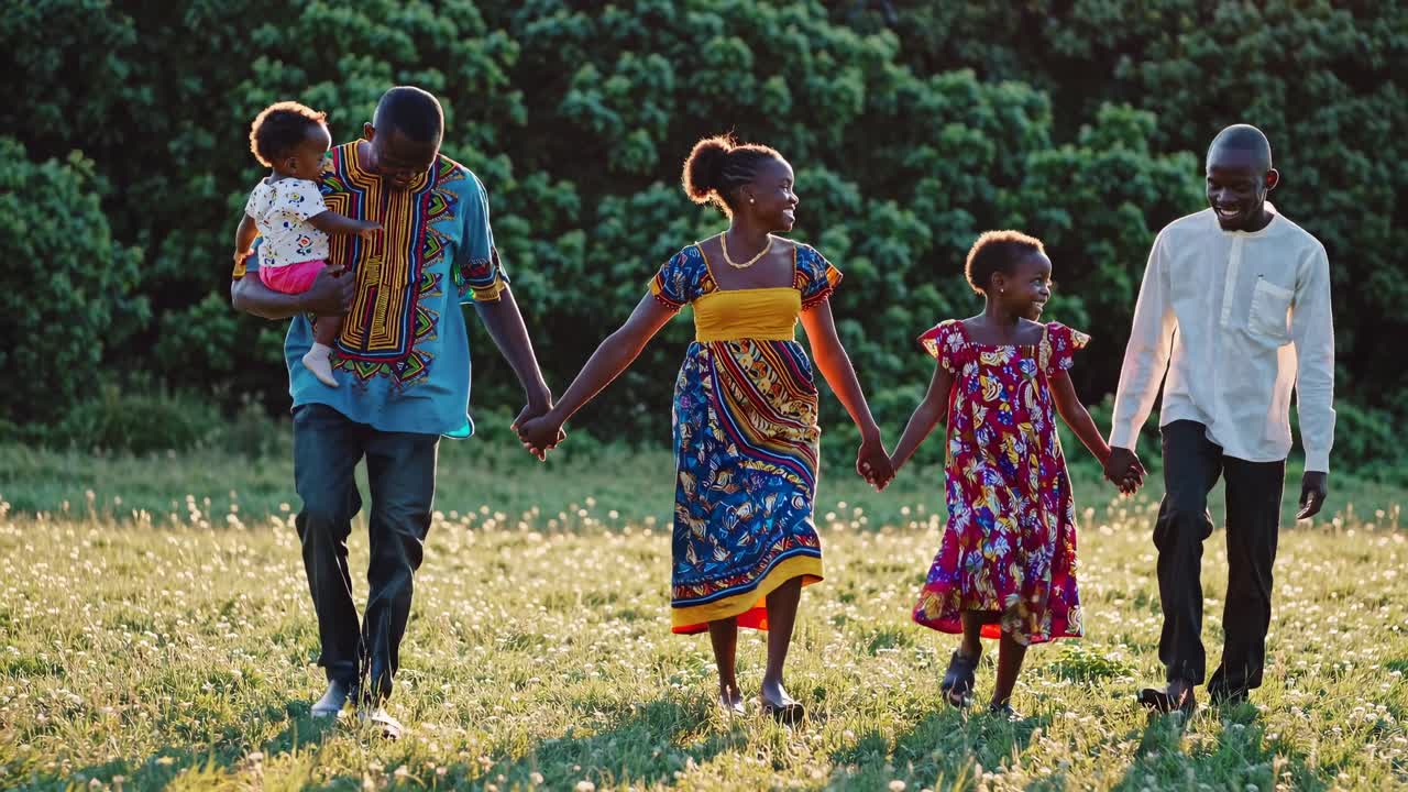 A joyful family walks hand in hand through a sunlit field, captured at eye level