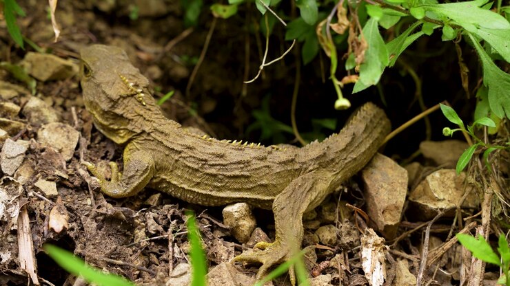 Tuatara hviler, mens dens krop bevæger sig blidt under vejrtrækning på New Zealands oprindelige skovbund, statisk nærbillede.